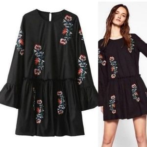 Zara Black Embroidered Drop Waist Tunic Mini Dress Size Small